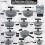 🍳Zestaw naczyń kuchennych LIFE SMILE z teksturą granitową, 29 elementów – zestaw naczyń kuchennych, wielowarstwowa powłoka granitowa zapobiegająca przywieraniu, 100% bez PFOA, kompletny zestaw naczyń kuchennych i patelni