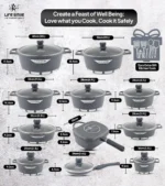 🍳Zestaw naczyń kuchennych LIFE SMILE z teksturą granitową, 29 elementów – zestaw naczyń kuchennych, wielowarstwowa powłoka granitowa zapobiegająca przywieraniu, 100% bez PFOA, kompletny zestaw naczyń kuchennych i patelni